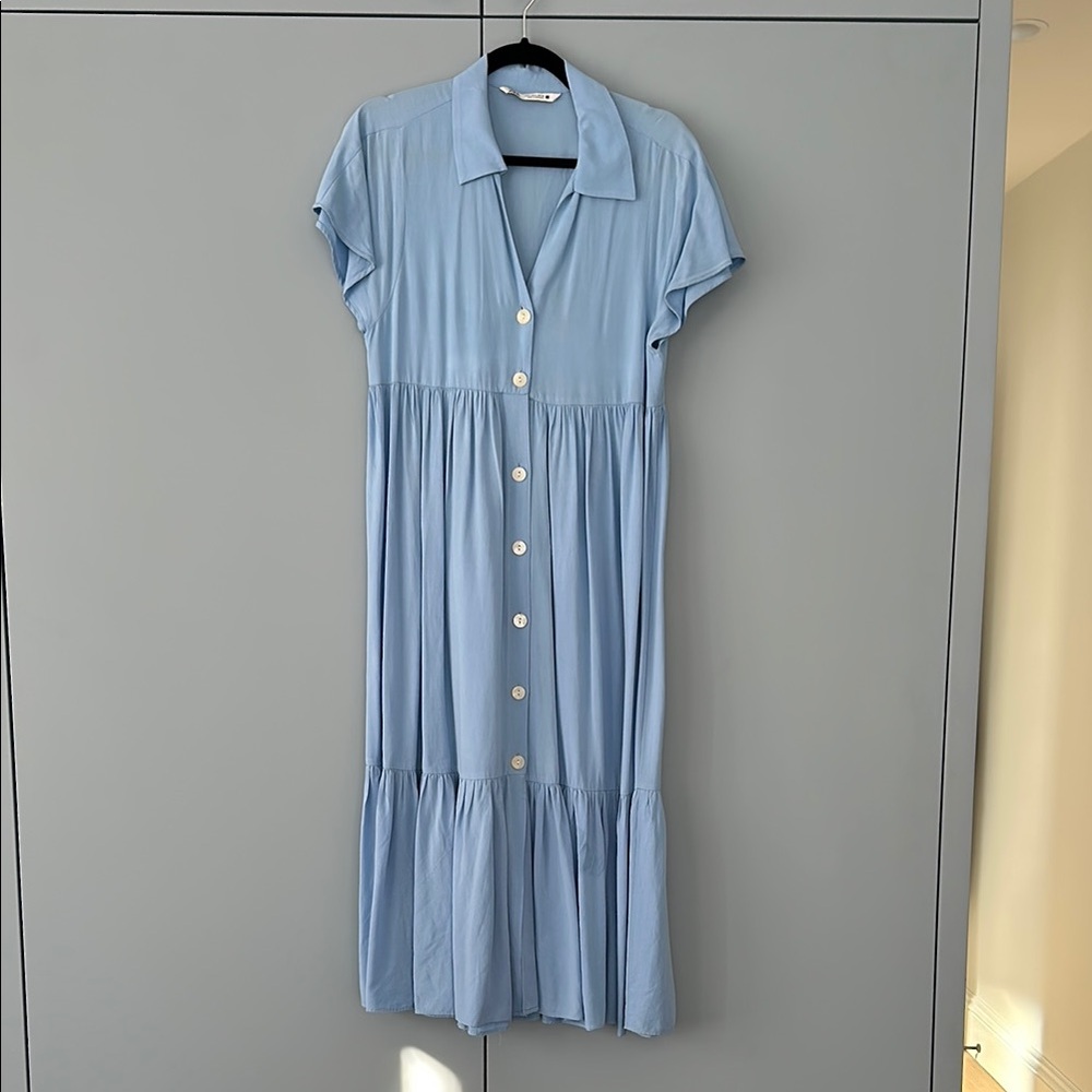 Zara Light Blue Button-Up Midi Dress